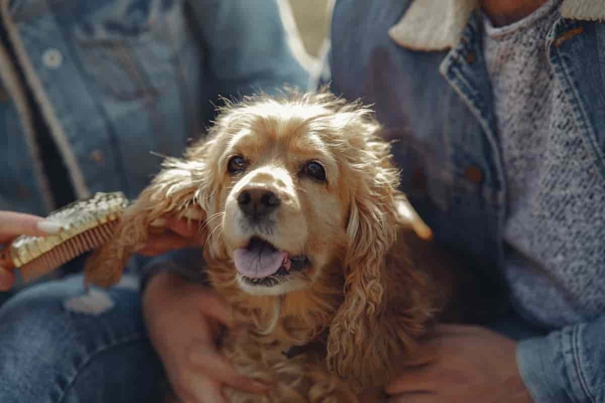 owner brushing dog hairs of ear to prevent dog ear infection